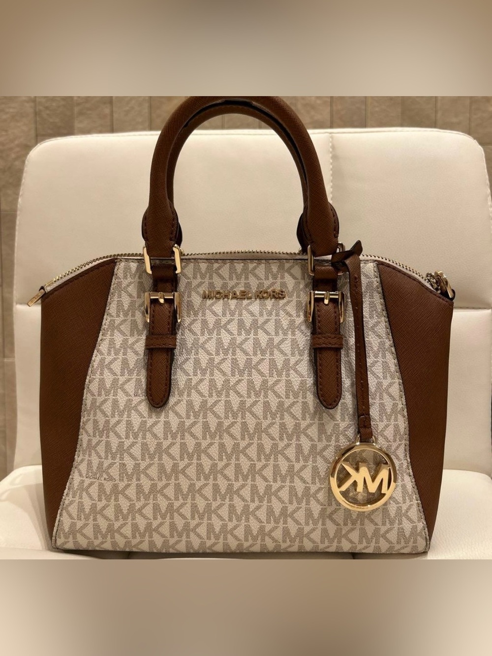 Michael Kors Brown & Cream Signature MK Satchel